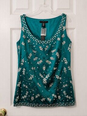 Laundry by Shelli Segal Beaded Silk Sleeveless Blouse Tank Top Medium Teal